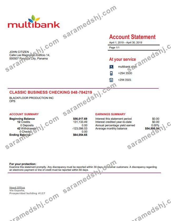 Panama Multibank bank statement